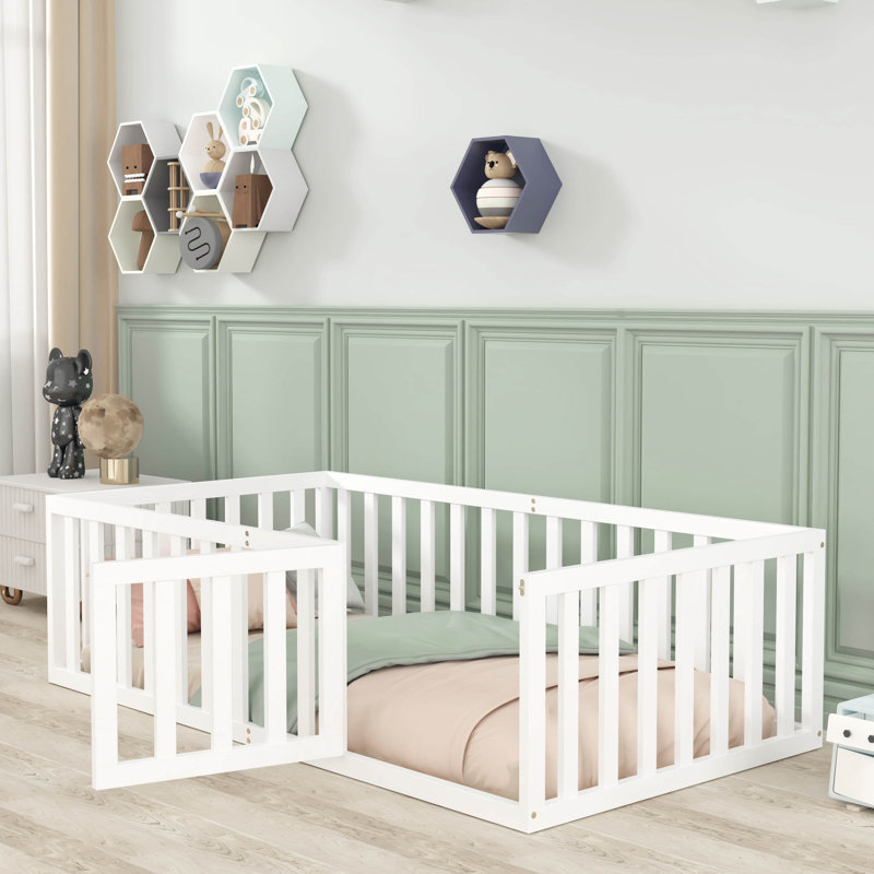 Natural Wood Twin Floor Bed Frame with Fence